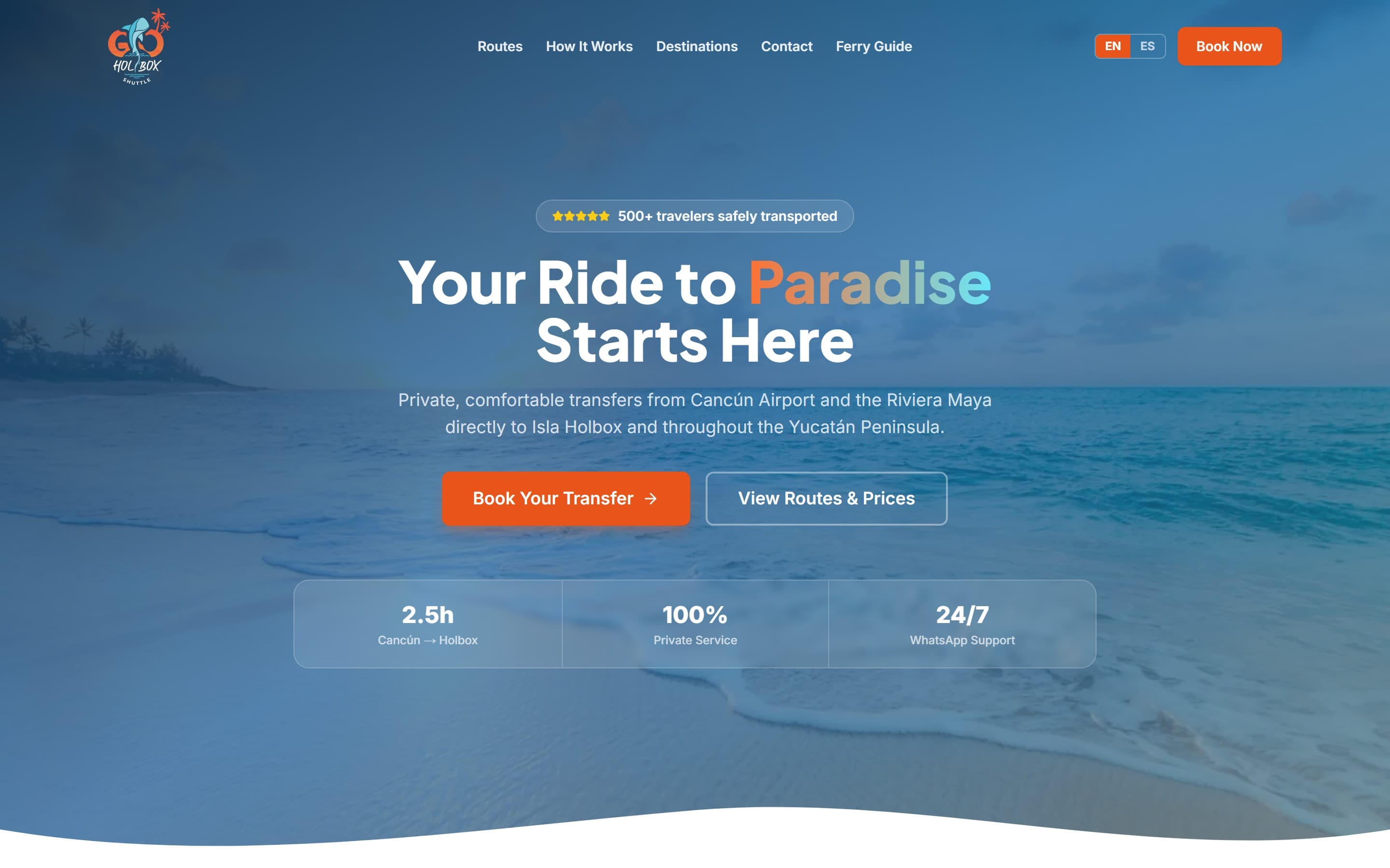Sitio web de Go Holbox Shuttle · traslados privados del Aeropuerto de Cancún a Isla Holbox, Quintana Roo.