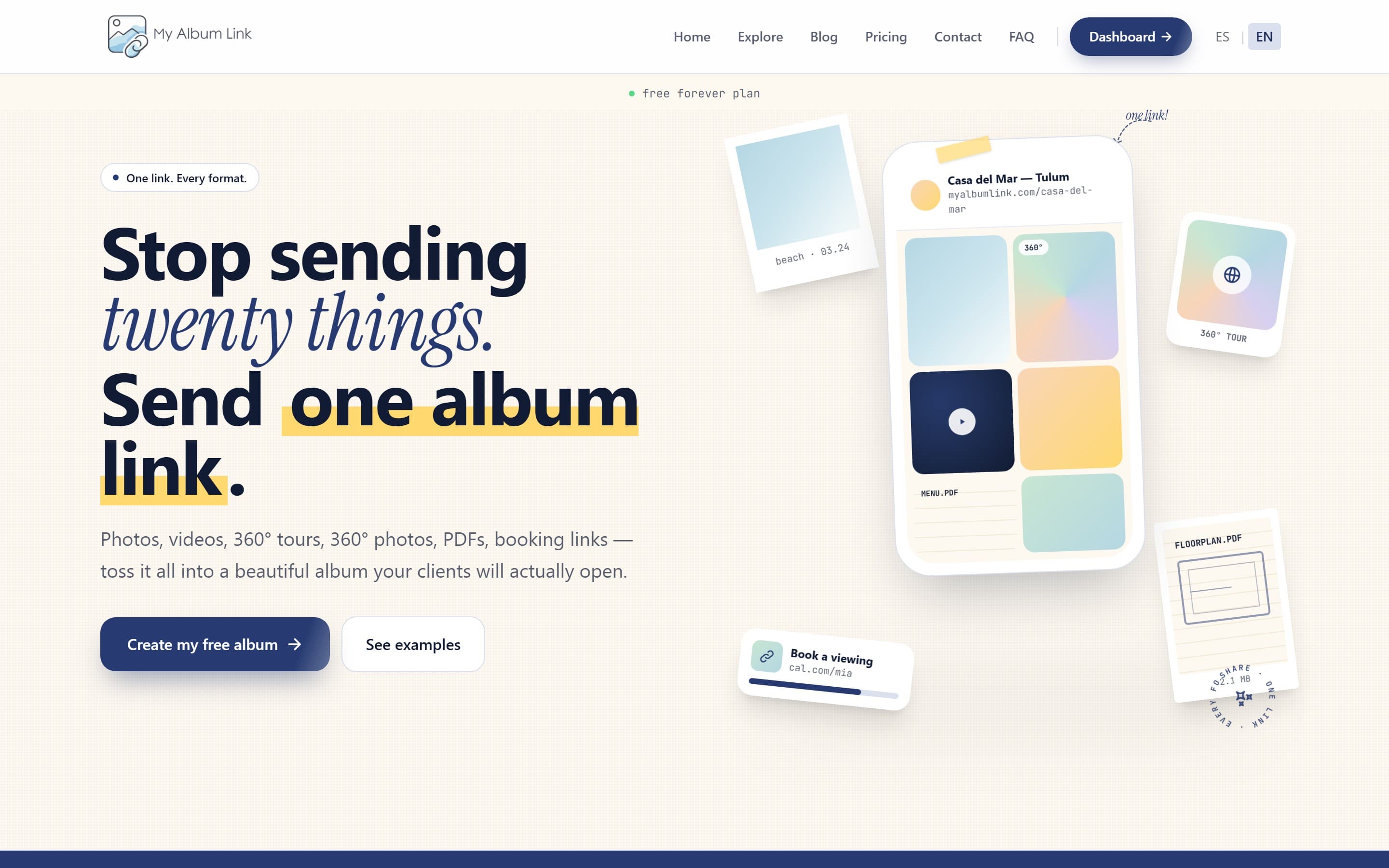 Sitio web de MyAlbumLink ·plataforma SaaS para compartir fotos, videos y contenido 360° en un solo enlace.