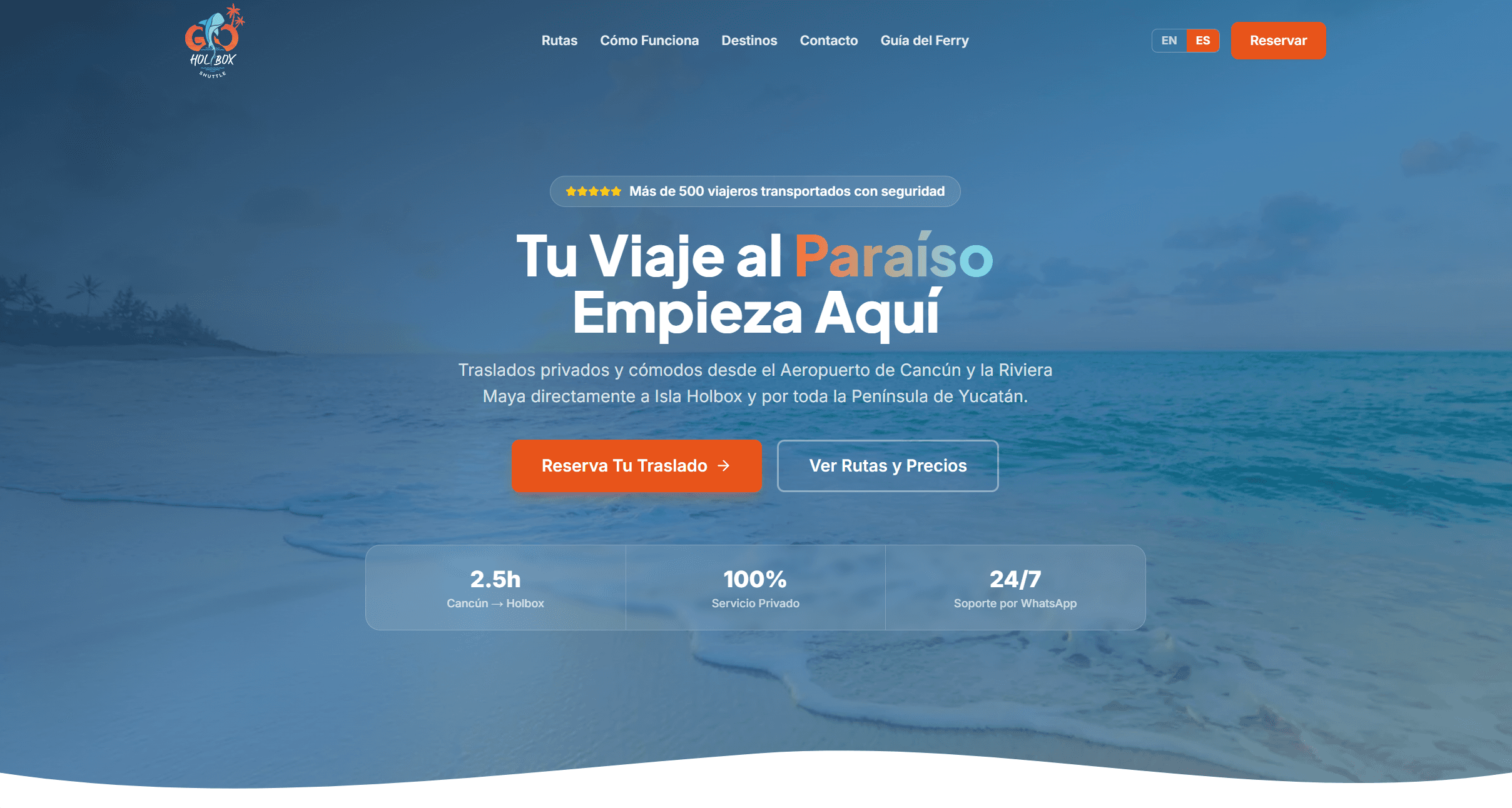 Sitio web de Go Holbox Shuttle · traslados privados del Aeropuerto de Cancún a Isla Holbox, Quintana Roo.