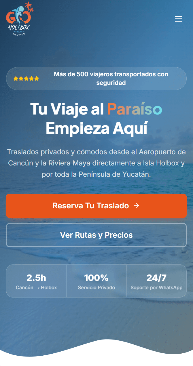 Sitio web de Go Holbox Shuttle · traslados privados del Aeropuerto de Cancún a Isla Holbox, Quintana Roo.