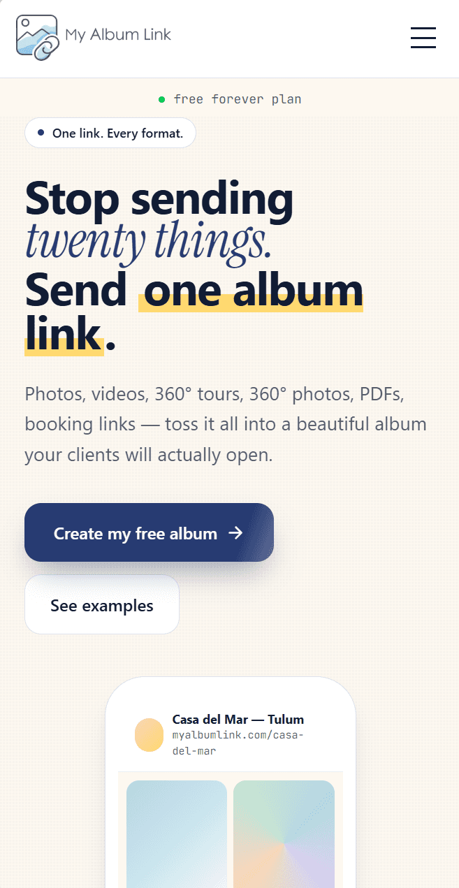 Sitio web de MyAlbumLink ·plataforma SaaS para compartir fotos, videos y contenido 360° en un solo enlace.