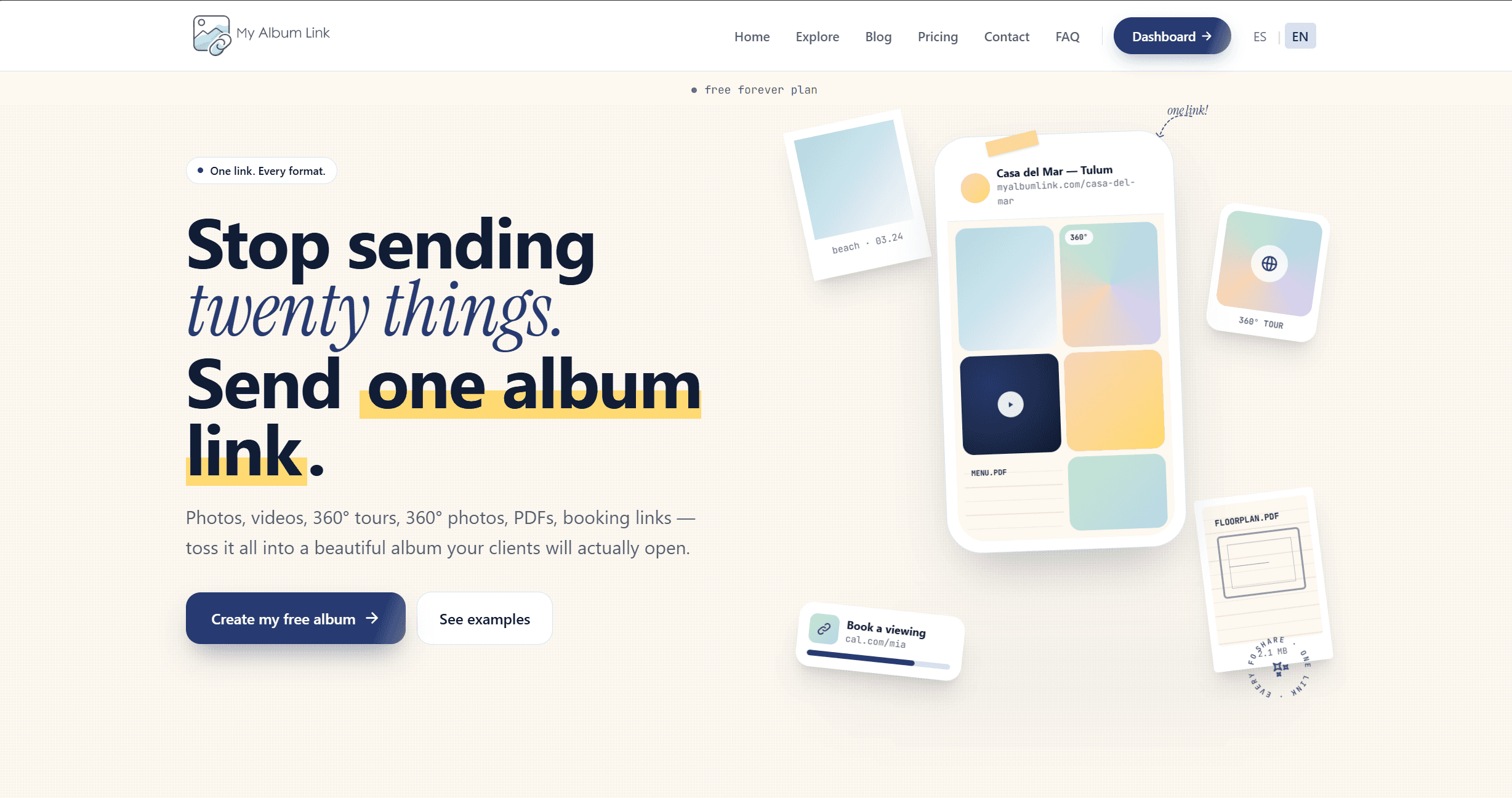 Sitio web de MyAlbumLink ·plataforma SaaS para compartir fotos, videos y contenido 360° en un solo enlace.